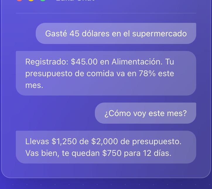 Asistente de Luka en conversación: el usuario dice cuánto gastó y el asistente lo clasifica y le informa cómo va su presupuesto